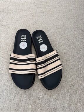 Billabong Black Slide Sandals with Cream and Black Striped Band